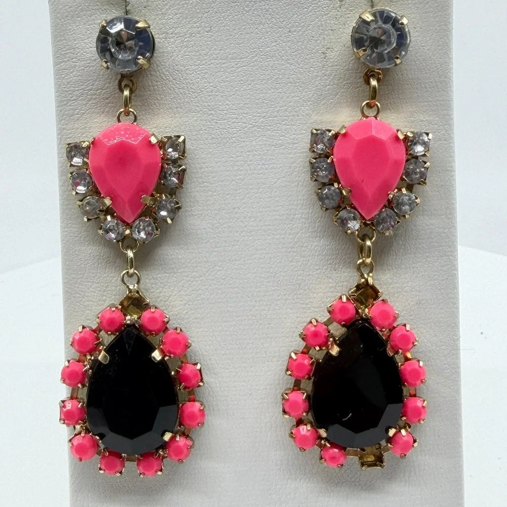 Earrings Neon Pink Black Rhinestone Teardrop Dangle Gold Tone Bold Statement